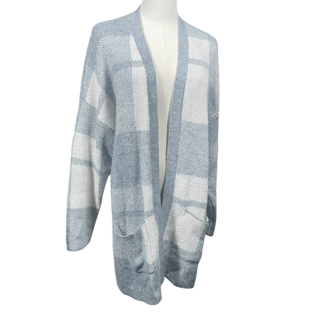 American Eagle Small Cardigan Long Wool Acrylic Stretch Open Plaid Sweaters Grey